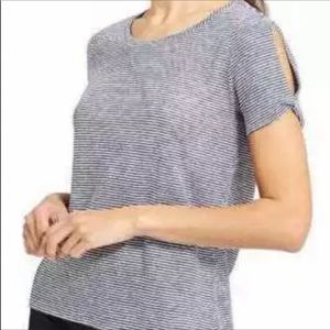 Athleta Linen Cold Shoulder Striped Tee Size S Navy Blue White #h37